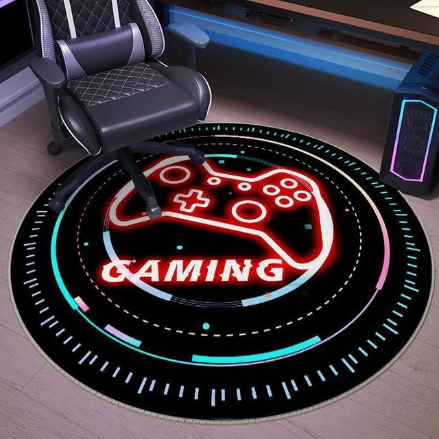 VIKAMA Loop Pile Gaming-Stuhl-Bodenmatte rund mit Spielgriff-Muster in Grün und Multicolour, rutschfest und schmutzabweisend, Durchmesser: 80 cm - Bild 1