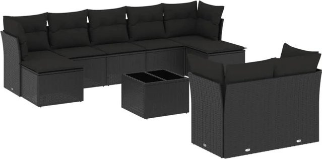 vidaXL 10-teilige Garten-Sofagarnitur in L-Form aus Polyrattan mit Kissen, Schwarz - Bild 1