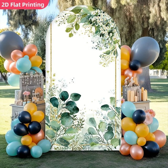 VIKAMA Bogenförmiger Hintergrund mit Eukalyptusblättern und weißem Blumendruck für Hochzeiten, Geburtstage und elegante Partydekoration in Weiß im Boho-Stil - Bild 1