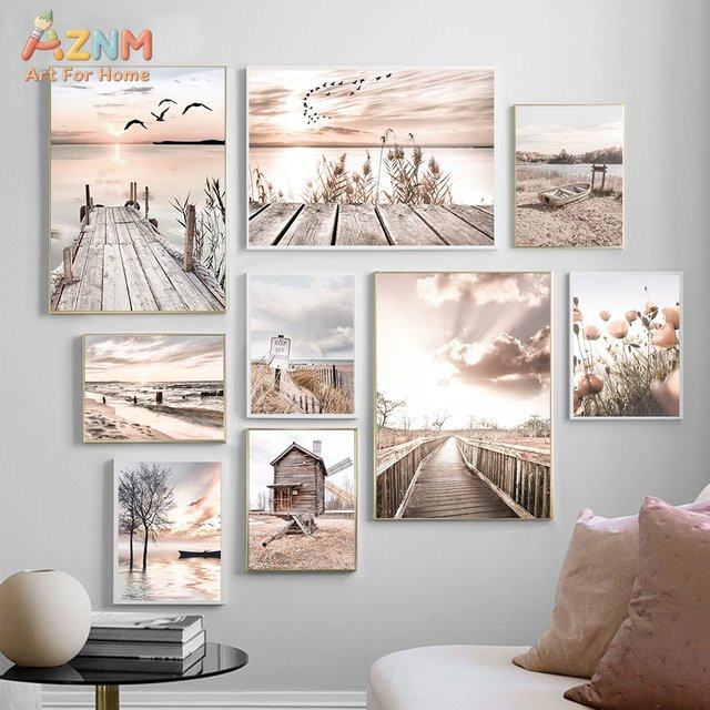 AZNM Leinwand-Wandkunst Küstenlandschaft mit Sonnenuntergang am See, Holzsteg und Naturmotiv, ungerahmtes Poster, Mehrfarbig - Bild 1