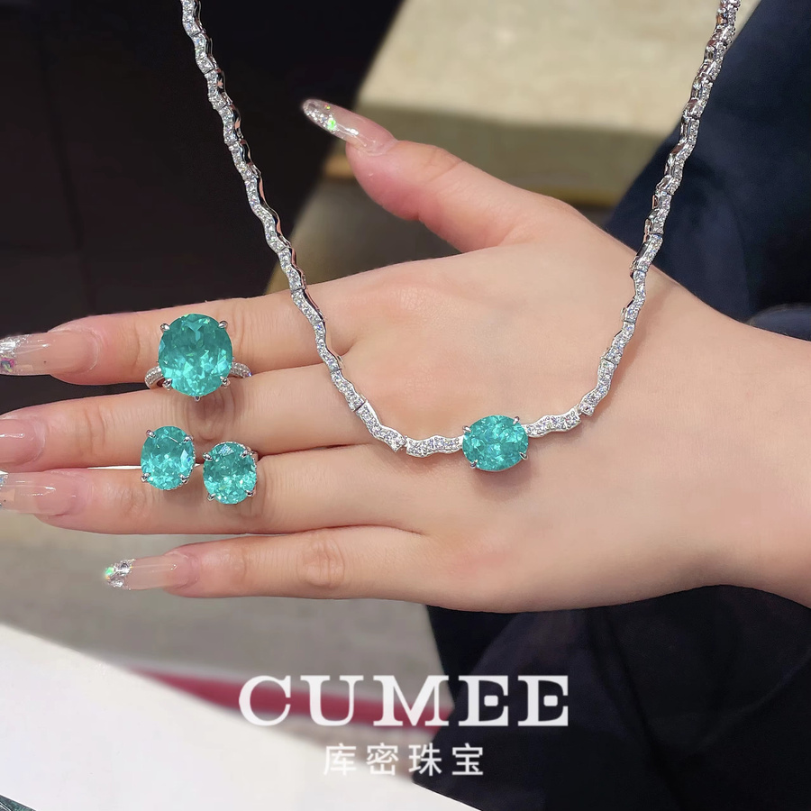 Cumee Schmuck-Set, Halskette, Ohrringe, 925 Silber vergoldet, Paraiba-Edelstein, Damen - Bild 2