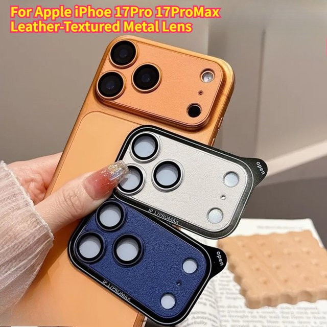 Panzer-Kameraobjektivschutz für iPhone 17 Pro Max in Orange mit Leder-Textur und AR-Beschichtung als Metall-Panzerschutzfolie zur vollständigen Objektivabdeckung - Bild 1