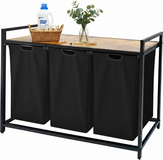 Relaxdays Wäschesammler aus Metall in Schwarz mit 3 Fächern und Ablage, B/T/H: 73,5 x 33 x 109,5 cm - Bild 1