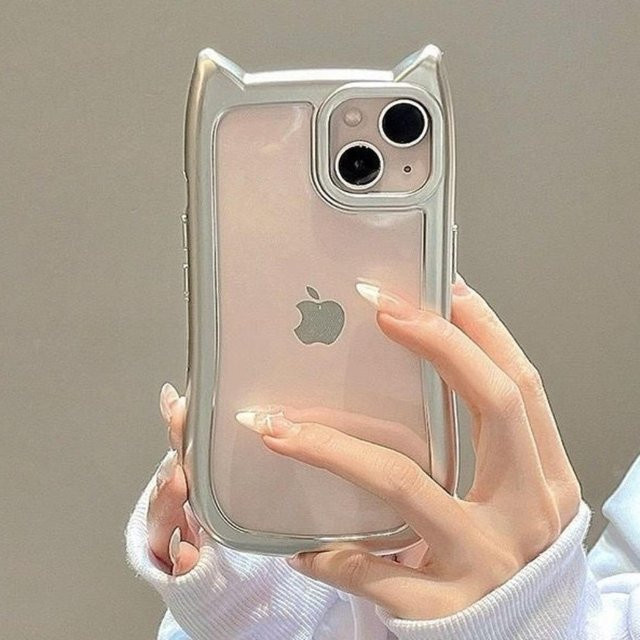 Stoßfeste Silikon Schutzhülle mit Katzenohren für Apple iPhone 14 in Transparent/Silber - Bild 1