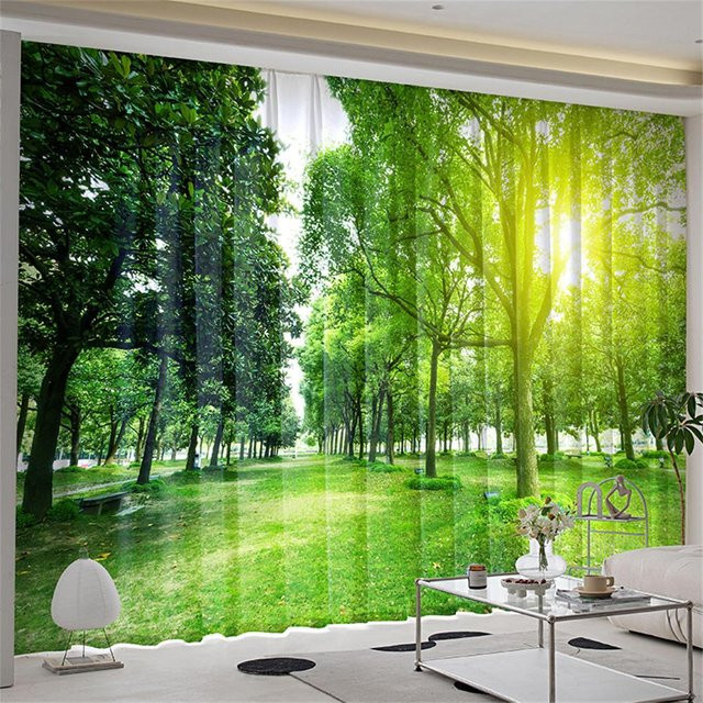 Yiran Furniture Vorhänge mit Wald-Landschaftsmotiv, 2er-Set Voile, Transparent, Mehrfarbig, B: 50 cm, H: 130 cm - Bild 1