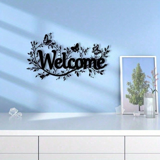 CIFBUY Willkommensschild aus Metall mit floralem Design in Schwarz als moderne Wandkunst - Bild 1