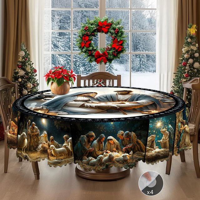 JINGYUE Pet Weihnachts-Tischdecke im Vintage-Bauernhaus-Stil mit Weihnachtsmann, Rentier und Weihnachtsbaum, wasserabweisend, Mehrfarbig, B: 140 cm, T: 180 cm - Bild 1