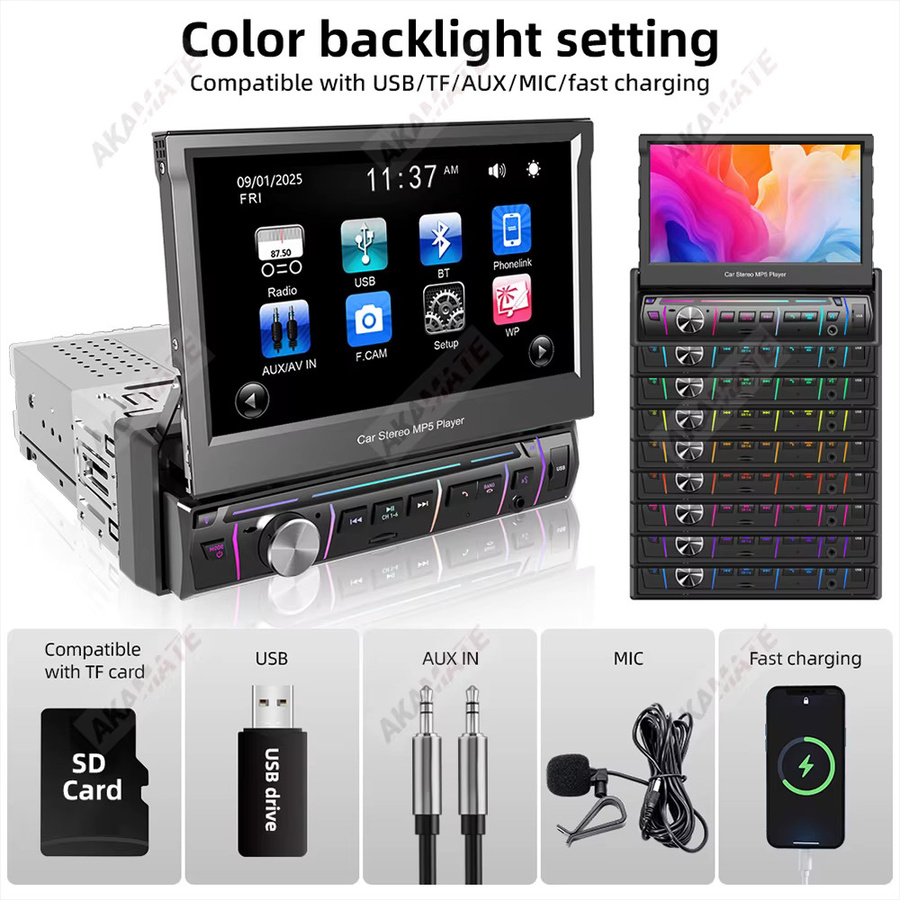 AKAMATE 7-Zoll Autoradio mit manuell einziehbarem Bildschirm, Bluetooth, Mirrorlink und Sprachassistent, 1Din Multimedia-Player in Schwarz - Bild 6