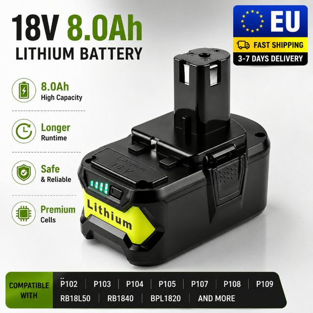 Ryobi P108 18V Lithium-Ionen-Akku mit 8,0 Ah in Schwarz für Elektrowerkzeuge - Bild 1