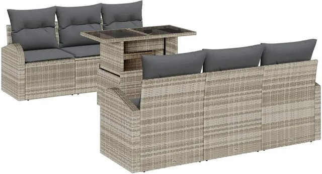 vidaXL Garten-Sofa-Set aus Poly-Rattan in Hellgrau mit 7 Teilen und Kissen - Bild 1
