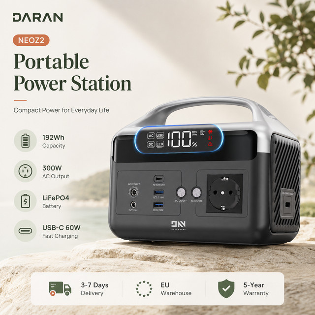 Daran NEOZ2 Tragbare Powerstation 300W 192Wh mit LiFePO4-Batterie, 60W USB-C PD, Solar- & 12V-Autoladung, Schwarz - Bild 1