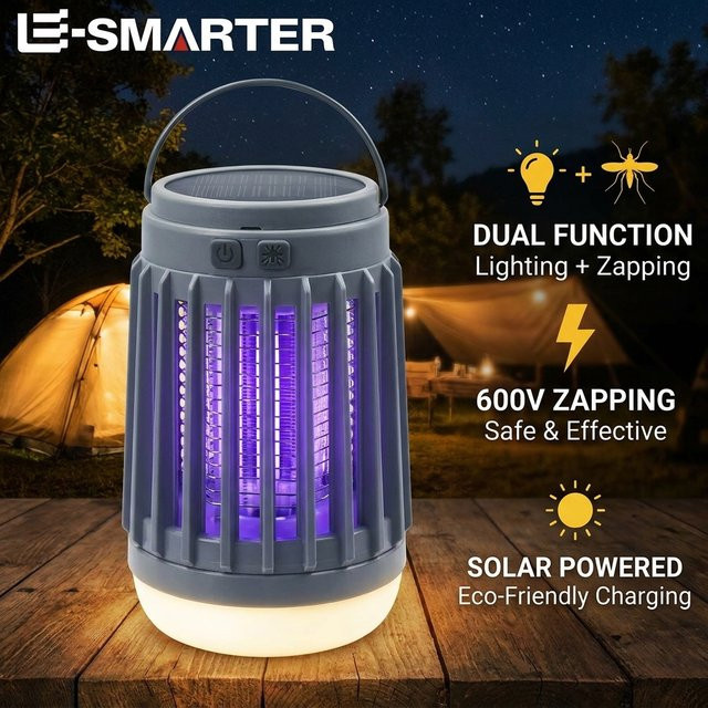 ESMARTER Solar-Mückenkiller-Lampe, wiederaufladbare elektrische Fliegenfalle in Grau für Outdoor, Camping und Zuhause - Bild 1