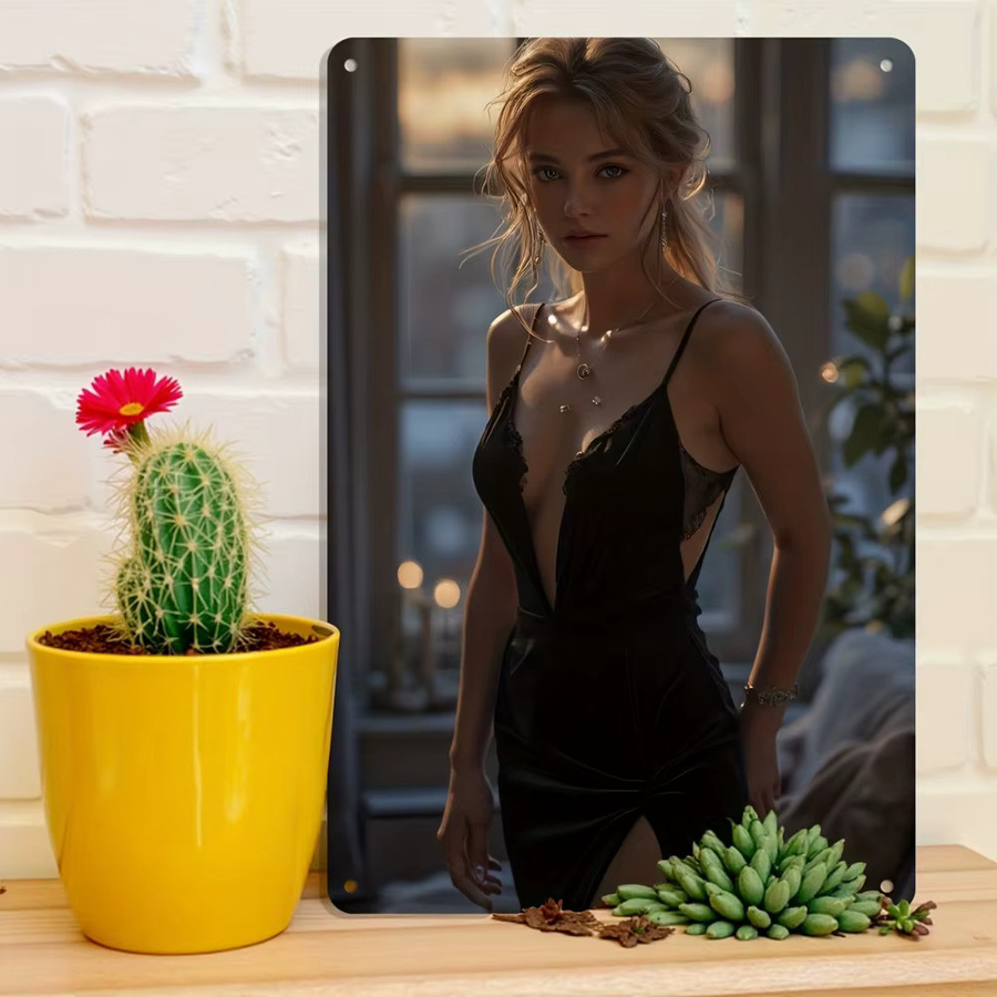 Elegantes Metall-Wandkunst Porträt in Schwarz und Gold von CIFBUY, rechteckiges Frauen-Kunstwerk mit Samt-Textur für dein Schlafzimmer - Bild 2
