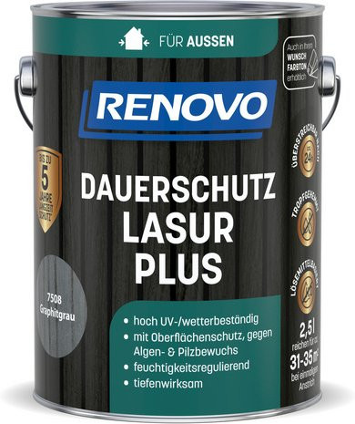 RENOVO Dauerschutzlasur PLUS lösemittelbasierte Holzlasur in Graphitgrau, 2,5 l - Bild 1