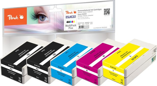 Peach ESJIC22 Druckerpatronen-Set für Epson SJIC22, 5er Pack (2x Schwarz, Cyan, Magenta, Gelb), wiederaufbereitet - Bild 1