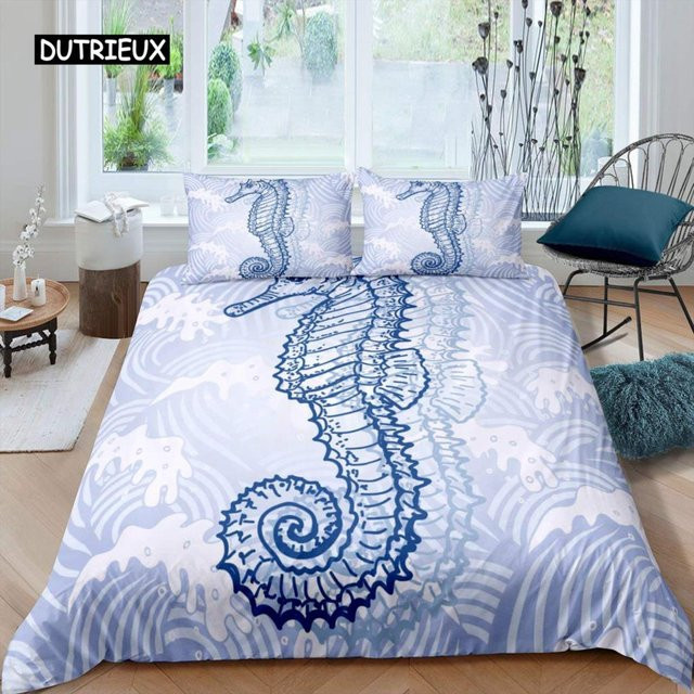 Binchi Outdoor Product Seepferdchen Bettwäscheset mit Unterwasserwelt-Motiv in Orange und Blau, 3-teilig, B/H: 150 x 200 cm - Bild 1