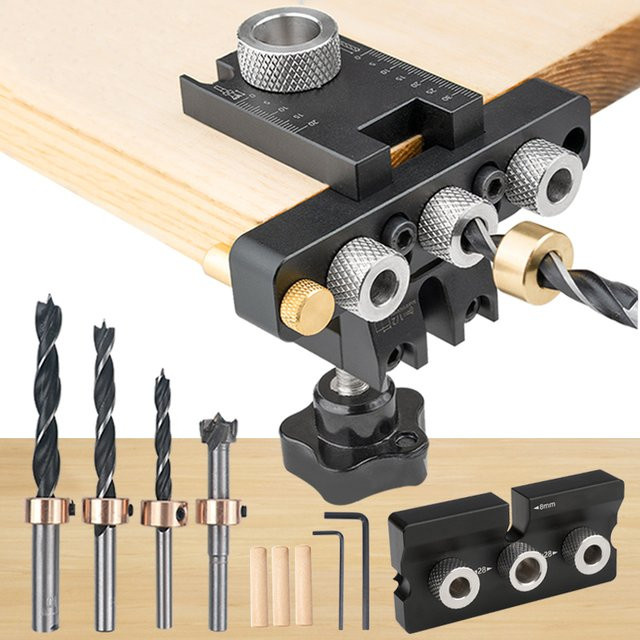 MOKIN 3 in 1 Dübelvorrichtung Kit zur Holzbearbeitung mit Bohrführung und Ortung für Schrank und Möbel in Schwarz - Bild 1