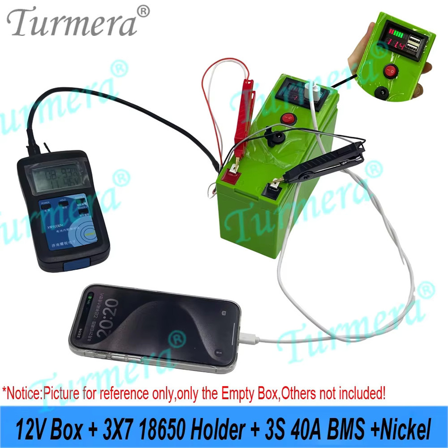Turmera DIY Set 18650 Batteriehalter Box mit 3x7 Zellen, 12V 40A BMS, USB Power Bank und Spannungsanzeige in Grün - Bild 2