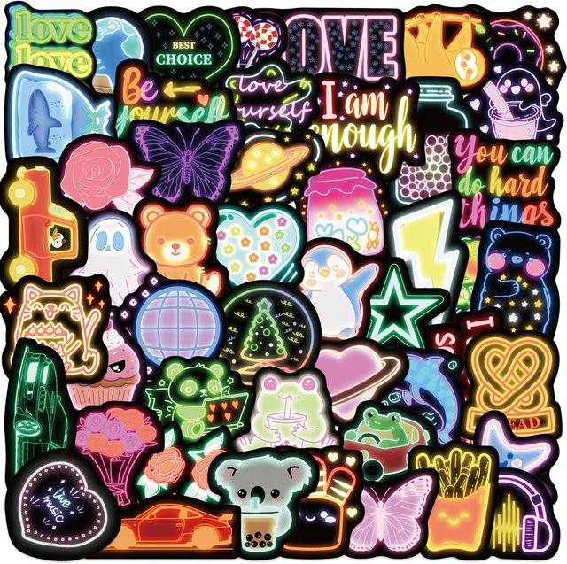 50 Stück Cartoon Neon Graffiti Aufkleber mit niedlichen Motiven, wasserfeste DIY Dekoration in Multicolour von AnimeWorlds Store - Bild 1