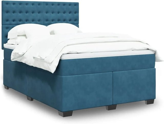 vidaXL Boxspringbett mit Matratze in Blau, Hybrid-Design mit USB-Ladeport und Unterbettbeleuchtung, Samt, B/T: 160 x 200 cm - Bild 1