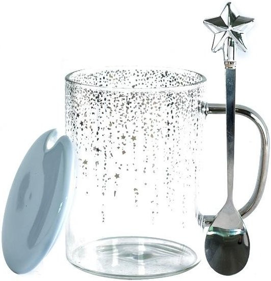 Glas-Sternenhimmel Wasserbecher mit Deckel und Löffel in Silber, Pink oder Blau, 500 ml - Bild 1