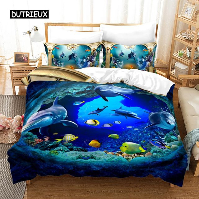 Binchi Outdoor Product Bettbezug-Set Unterwasserwelt mit Clownfisch und Hai, Blau/Mehrfarbig, Polyester, Breite: 140 cm, Höhe: 210 cm - Bild 1