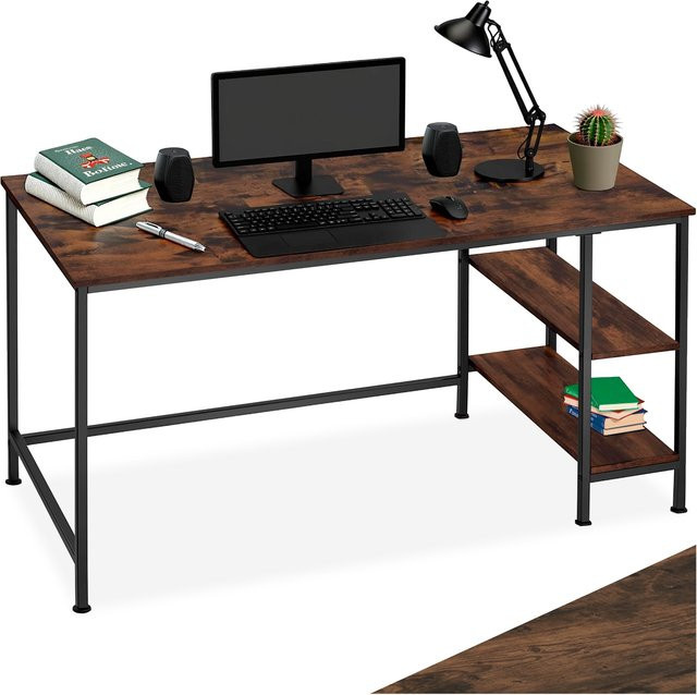 tectake Schreibtisch im Industrial Style mit Seitenregal aus MDF und pulverbeschichtetem Stahl, Schwarz/Braun, B: 140 cm, T: 60 cm, H: 76,5 cm - Bild 1