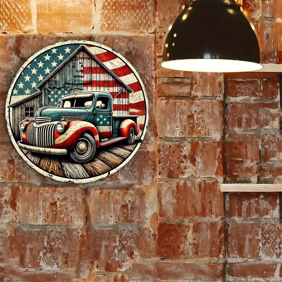 Potdemiel Rundes Metallschild Vintage Blue Truck mit amerikanischer Flagge, Durchmesser: 20,32 cm, Blau - Bild 4