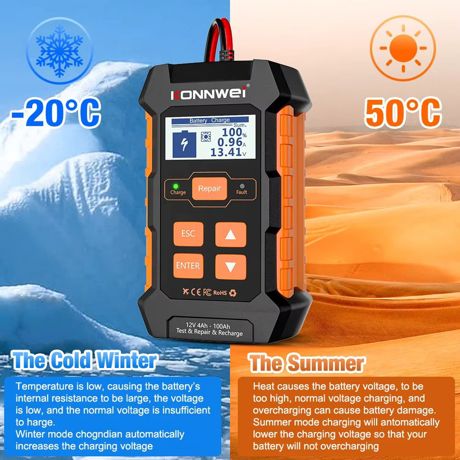 KONNWEI KW520 3 in 1 Multifunktionaler Autobatterietester und Ladegerät für Blei-Säure, AGM und Gel Lithium Batterien in Schwarz - Bild 4