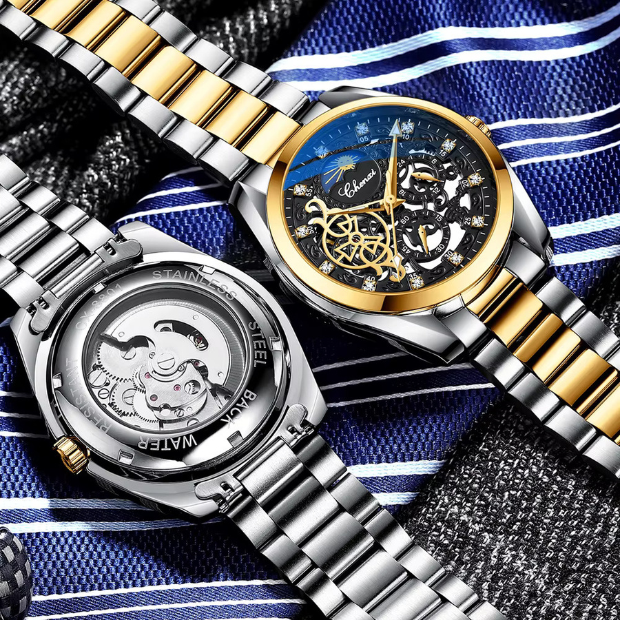 CHENXI Armbanduhr, Automatik, Mondphase, Edelstahl, Schwarz, Herren - Bild 4