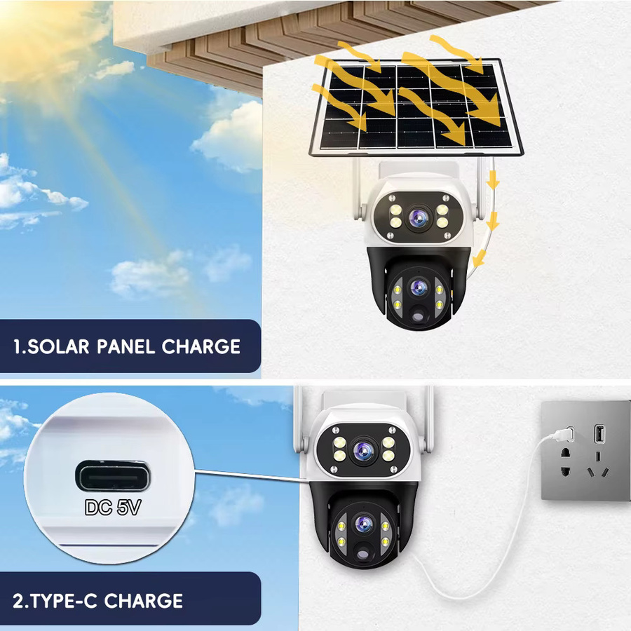 V380 WiFi-Solar-Überwachungskamera in Weiß mit dreifacher Sicht, PIR-Personenerkennung, 10-fachem digitalem Zoom und Nachtsicht - Bild 2