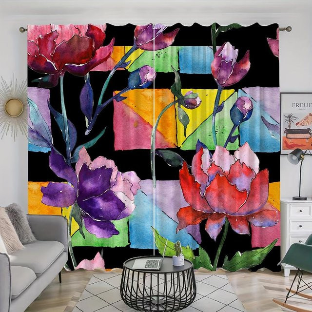 2er-Set Yiran Furniture Vorhänge mit buntem Blumenmuster und Aquarell-Blättern, halbtransparent, Multicolor, B: 50 cm, H: 100 cm, inklusive Haken - Bild 1