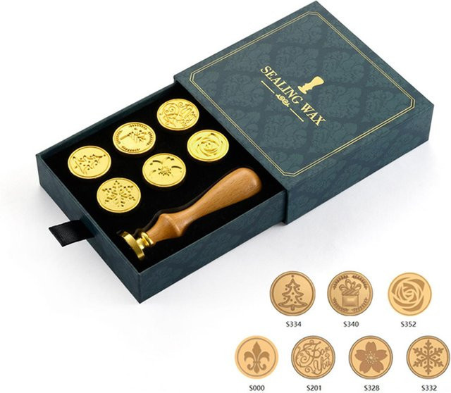 TOMTOP JMS Wachssiegel-Stempel-Set mit Holzgriff und austauschbarem Stempelkopf in Schwarz und Gold - Bild 1