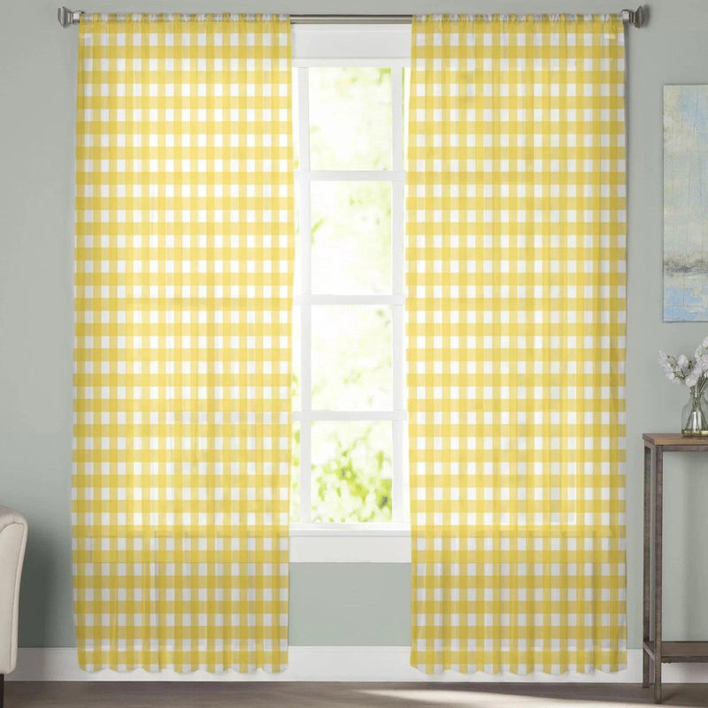 A Family Of Home Textiles Transparente Voile-Fenstervorhänge in Gelb mit Karomuster, Breite: 135 cm, Höhe: 244 cm - Bild 3