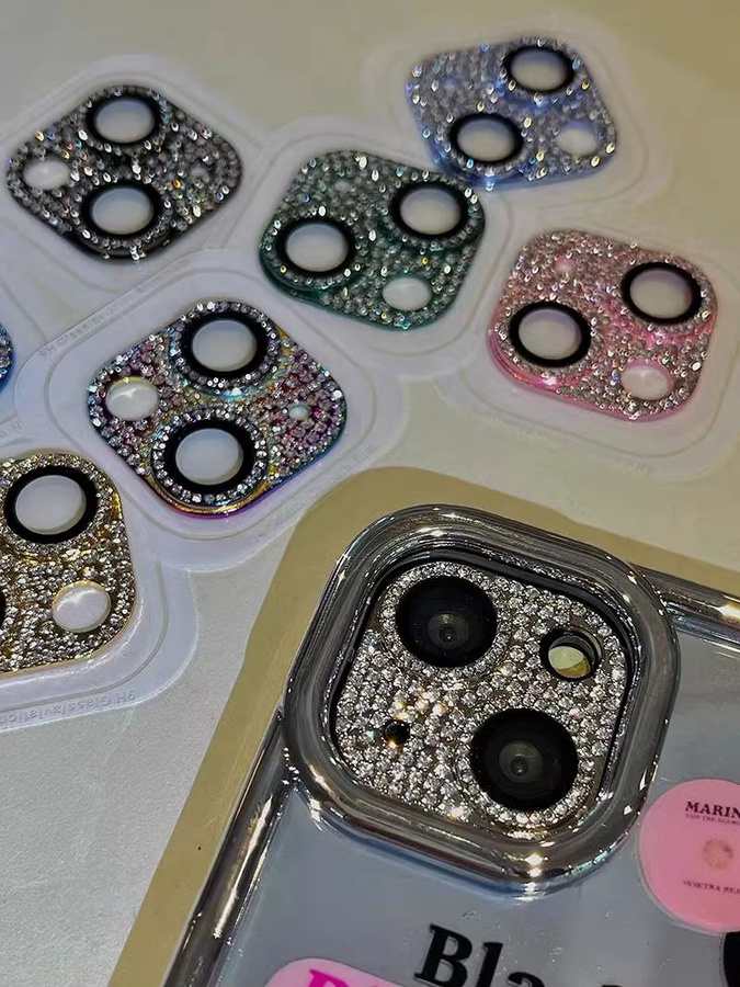 Glitzernder Diamant Kamera Objektiv Schutzring aus Metall für iPhone 15 14 13 12 Pro Max Mini Plus in Pink und Multicolour - Bild 2