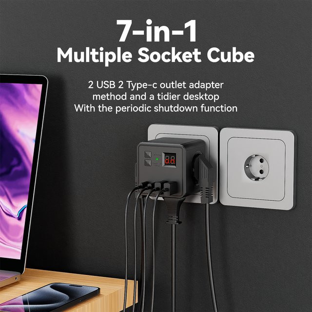 7-in-1 EU Steckdosenleiste mit Überspannungsschutz, 3 AC-Steckdosen, 3 USB-Anschlüsse und 1 USB-C-Anschluss, zeitgesteuerte Desktop-Ladestation in Schwarz oder Weiß - Bild 1