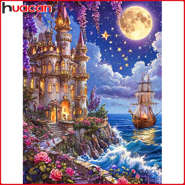 Huacan Diamantmalerei Landschaft mit Meer, Mond, Boot und Schloss, Diamantmosaik in Multicolour, B/H: 30,0 x 20,0 cm - Bild 1