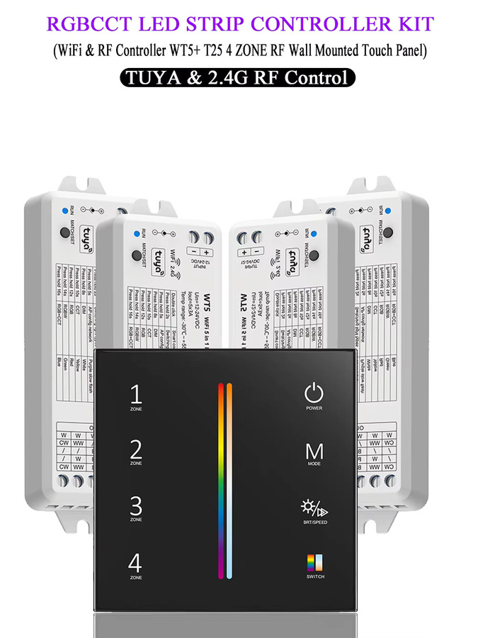 CENFAYA Smart LED-Streifen Controller Kit mit Tuya WIFI, RGBCCT Dimmer für DC12V 24V, 5 Kanäle, 4-Zonen Steuerung, Wandmontiertes Touch-Panel und RF 2.4G Fernbedienung - Bild 5