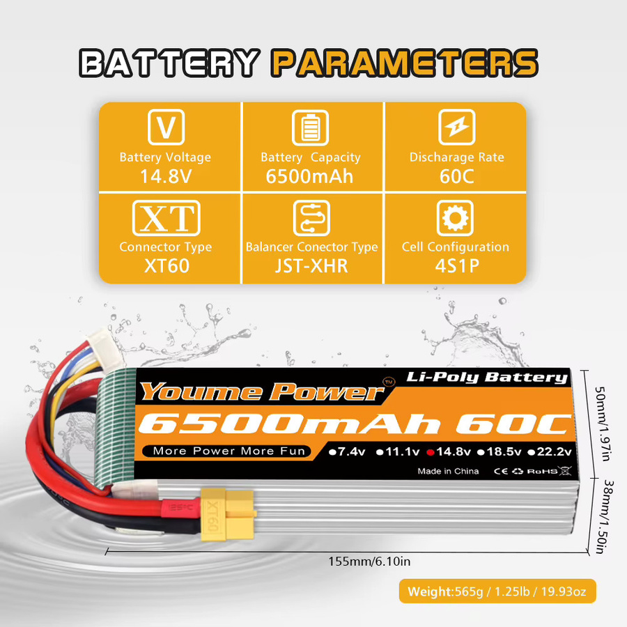 Youme 4S LiPo Akku 14,8V mit 6500mAh und XT60 Anschluss für RC FPV Flugzeuge, Drohnen, Racing-Boote und Autos - Bild 3