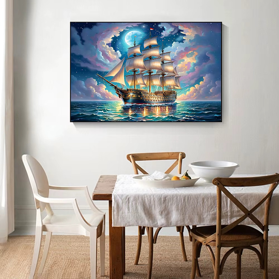 Huacan Rundes Diamantgemälde Mond und Segelboot im maritimen Landschaftsdesign, Mehrfarbig, Durchmesser: 30 cm - Bild 3