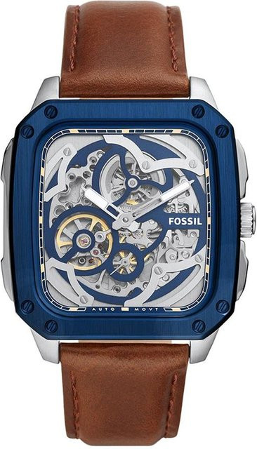Fossil Armbanduhr Automatik, blaues Zifferblatt, braunes Lederarmband, Herren - Bild 1