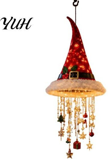 Yuhangdei Weihnachtsbaum Hängende Ornamente mit LED-Lichterkette, Leuchtende Weihnachtsmütze und Laterne als Dekorative Anhänger in Beige und Rot - Bild 1