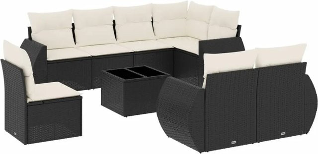 vidaXL 9-tlg. Garten-Sofagarnitur in L-Form aus schwarzem Poly-Rattan mit UV-beständigen Kissen und pulverbeschichtetem Stahlgestell - Bild 1