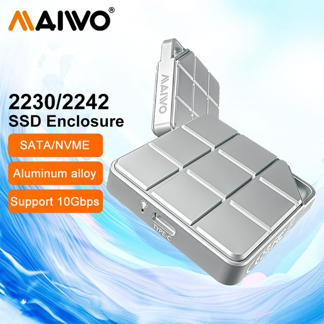 Maiwo M.2 NVMe und SATA SSD Gehäuse mit USB-C Gen2 Anschluss, Farbe: Silber - Bild 1