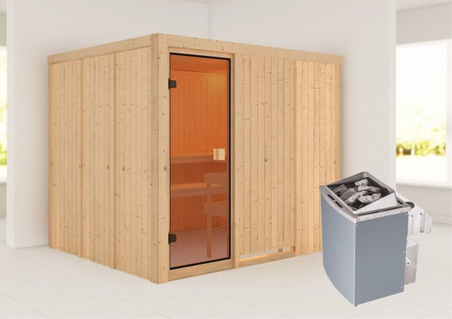 Karibu Sauna Nybro aus nordischer Fichte mit 9 kW Ofen, integrierter Steuerung und bronzierter Glastür, Farbe: Braun, B/T/H: 231 x 196 x 198 cm - Bild 1