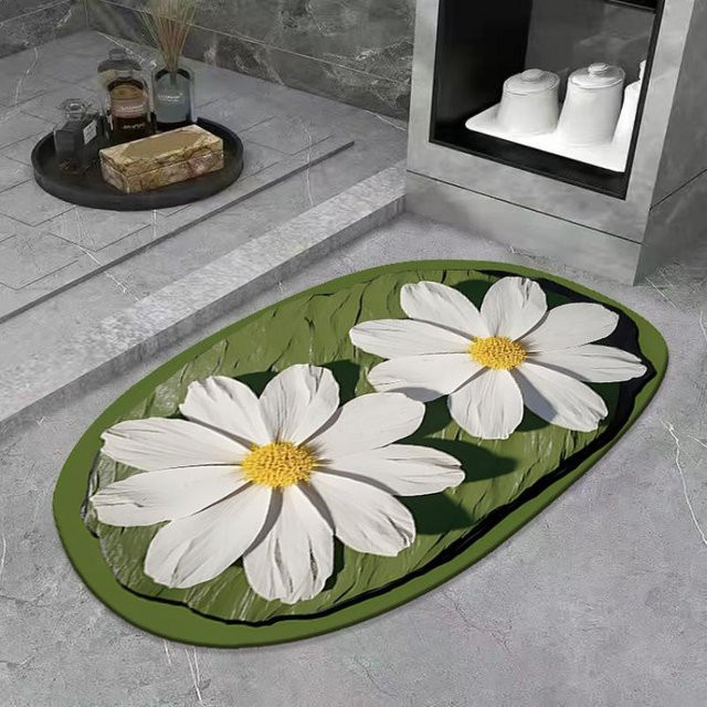 Saugfähige Kieselgur Fußmatte mit Blumenmuster in Grün, rutschfest und schnelltrocknend, B/B: 40 x 60 cm - Bild 1