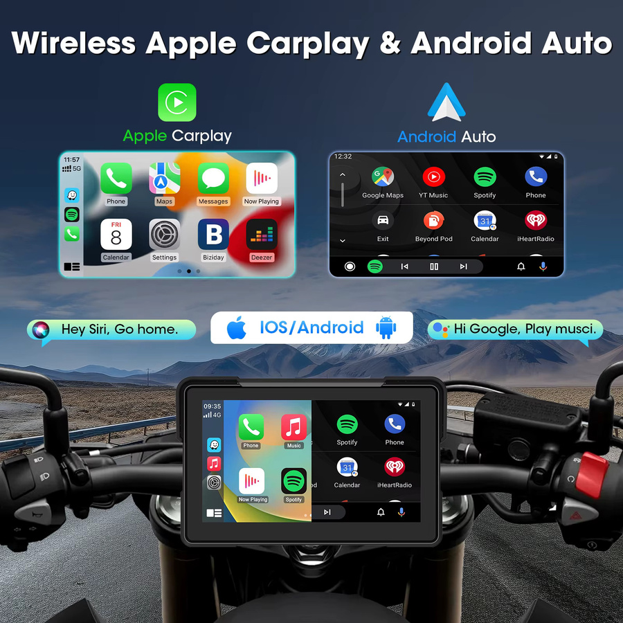 srnubi Motorrad-GPS-Navigation mit 7 Zoll Touchscreen, kabelloses CarPlay und Android Auto, TPMS-Unterstützung, Dual-Bluetooth, wasserdicht nach IPX7, Schwarz - Bild 2