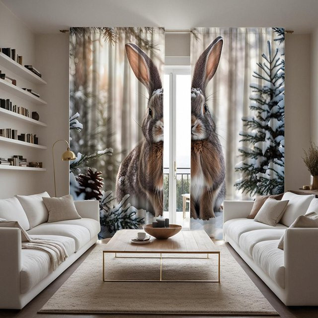 2er-Set Dekovorhang Kaninchen Motiv mit Bindeband, digital bedruckt, halbtransparent, Mehrfarbig, B: 132 cm, H: 160 cm - Bild 1