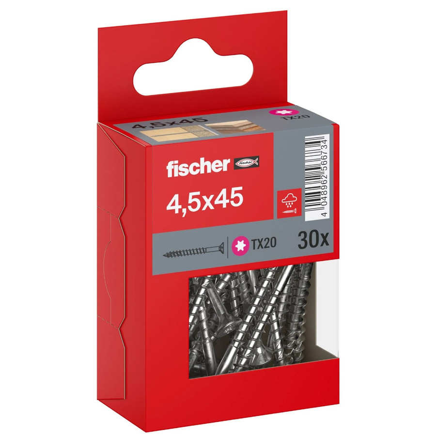 Fischer PowerFast II A2 Senkkopf Holzschraube mit Torx Teilgewinde aus Edelstahl in Silber, Durchmesser: 4,5 mm, Länge: 45 mm, 30 Stück - Bild 2