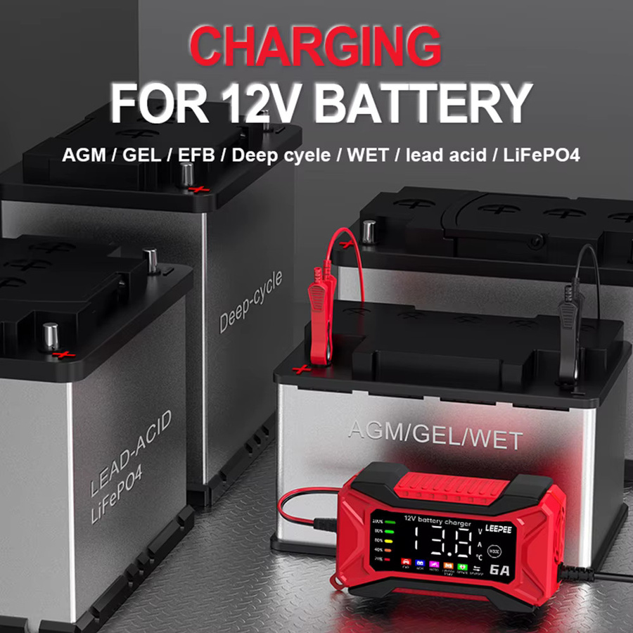 Intelligentes digitales LCD Batterie Ladegerät für SUV, Motorrad, LKW und Auto mit Puls Reparatur Funktion, 12 V, 6A, Farbe: Rot - Bild 5